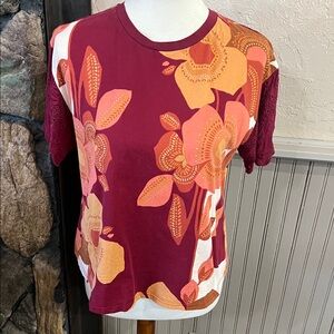 Floral Print Women's Top - Red and Orange